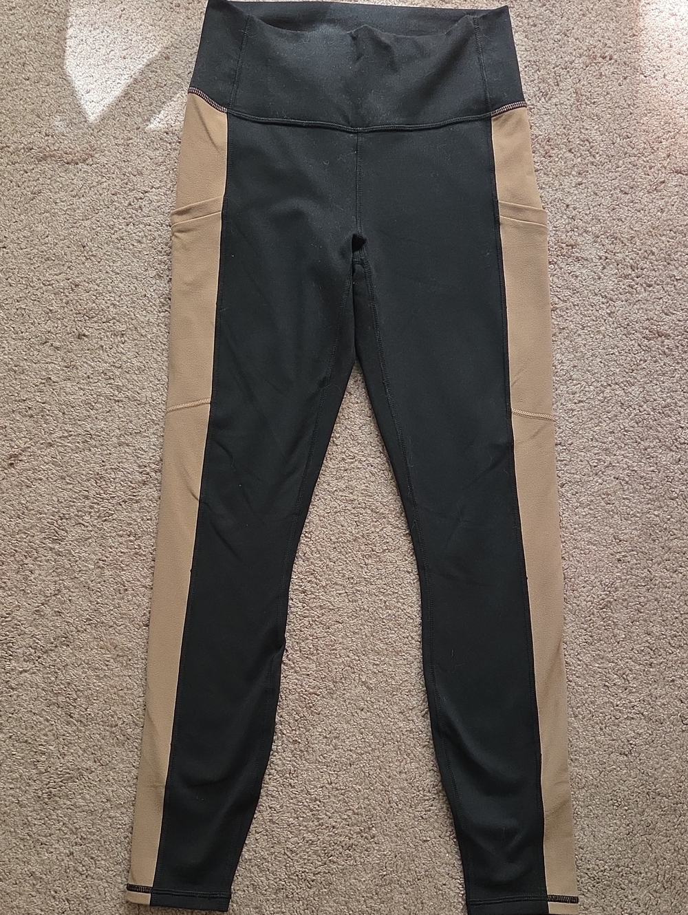 Fabletics Black PowerHold Leggings with Tan Side Panels